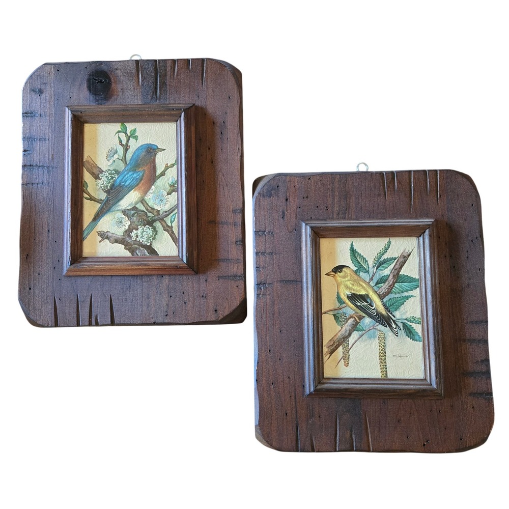 Vintage PH Gonner Bird Prints Set of 2 Bluebird Goldfinch Rustic Wood Frames